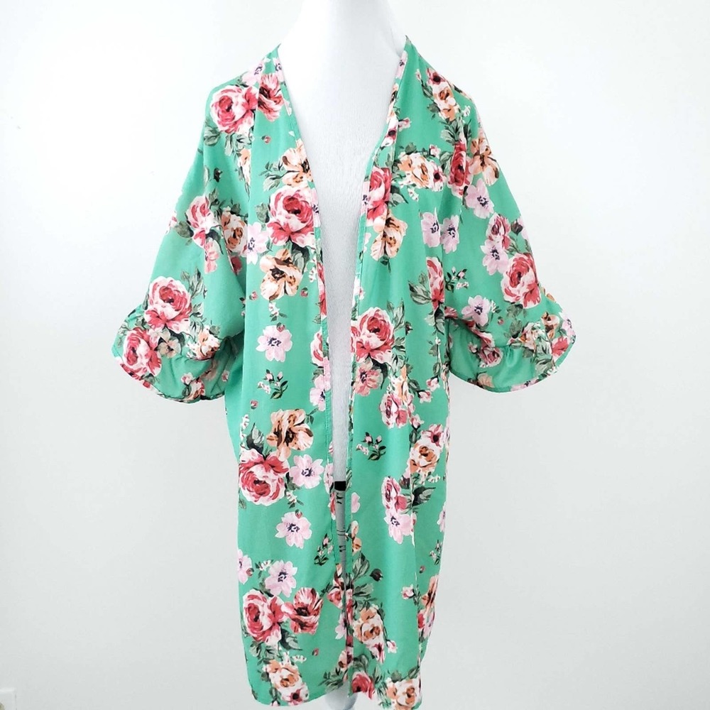 Mijirushi Floral Kimono Green Pink XL Open Front